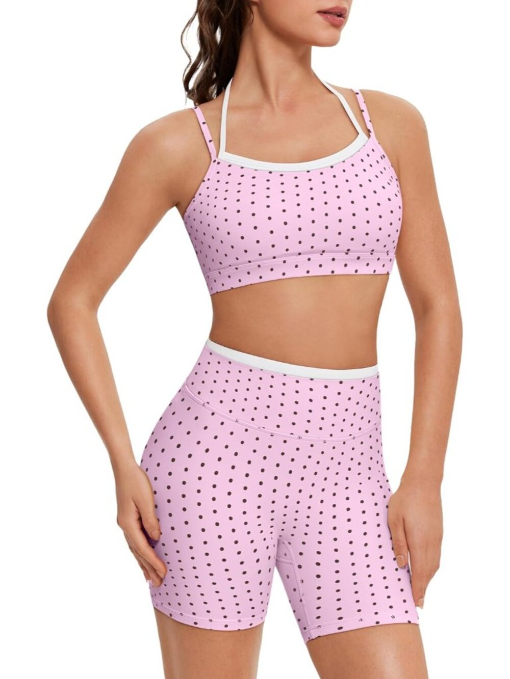 Women Baby Pink Doubel Layer Open Back Activewear Sports Bra & Gym Shorts Set